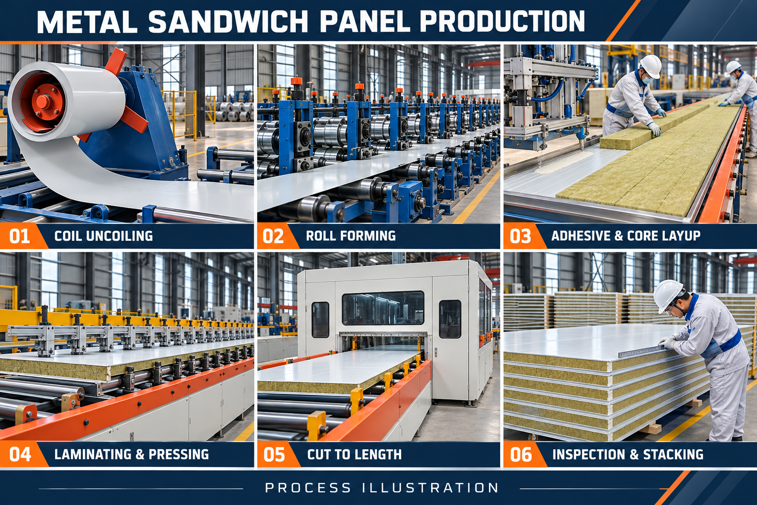 Metal sandwich panel production line and manufacturing process
